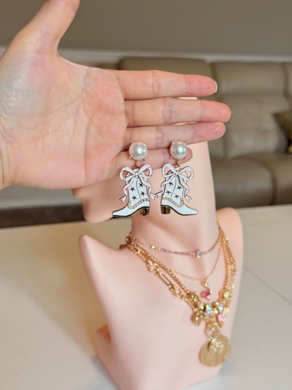 Pearl Top Blue Cowboy Boot Drop Earrings - Women Jewelry - Picture 10 of 13